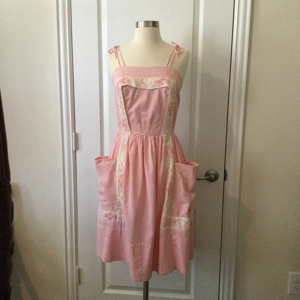 Vintage 1960s Pink Gingham Summer Dress Floral Organza Lace Sz S - Picture 2 of 7